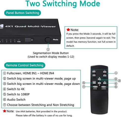 HDMI Multiviewer Switch 4x1, HDMI Quad Multi-Viewer 4 in 1 Out switcher with IR Remote, Support 4K@30Hz 1080P@60Hz and 12 Display Modes for Security Camera, Gaming Consoles in Saudi Arabia
