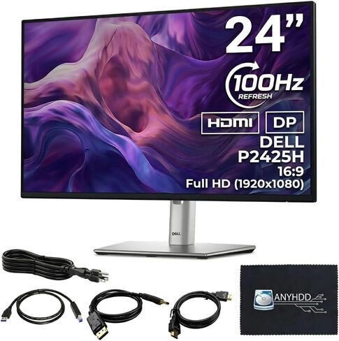 Dell P2425H Computer Monitor Screen 24" 16:9 IPS Display with Stand - 1 Year Warranty, 100Hz Full HD, 1920 x 1080 with Power Cable, Anyhdd DisplayPort, HDMI, USB 3.0 Upstream Cable & Cloth - New in Kuwait