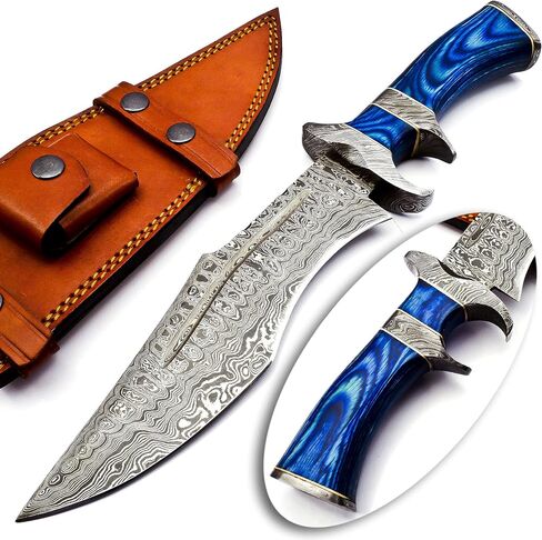 NOORAKI - 15″ Damascus Bowie Knife with Sheath | Hand Made Hunting Knife - Fixed Blade Long Bowie Knives - Ideal for Survival ,Chopping, Camping, Outdoor Gift for Men |Tactical Knife Wood Handle (Blue) in Kuwait