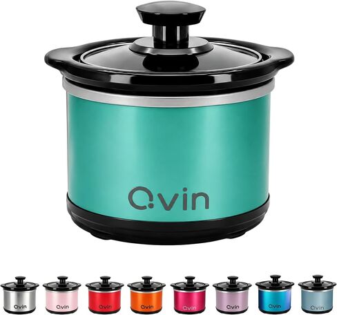 Qvin 0.65qt Mini Round Slow Cooker, Fondue Melting Pot Warmer 20 Oz | Small slow cooker for dips,dishwasher-safe 20Oz stoneware,sauce warmer,crock glass lid,serve 1-2 person,stainless steel,black in Kuwait