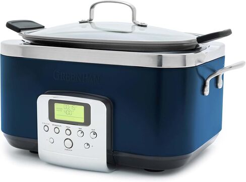GreenPan Elite 8 في 1 طباخ كهربائي بطيء 6QT قابل للبرمجة، غطاء آمن للغسل في غسالة الأطباق ووعاء قابل للإزالة، وعاء طهي متعدد السيراميك الصحي غير لاصق خالٍ من PFAS، احرق، مقلي، بني، سلة بخار، مشوي، أكسفورد أزرق in Kuwait