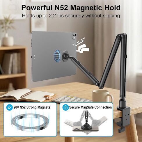 Magnetic iPad Holder for Desk, Adjustable Tablet Stand for Bed with N52 | Strong Magnet, Sturdy Aluminum Tablet Arm Mount Fits 4.7-13.5" iPad Pro/Air/Mini, Kindles, Phones, Kitchen, Work, Video Call in Saudi Arabia