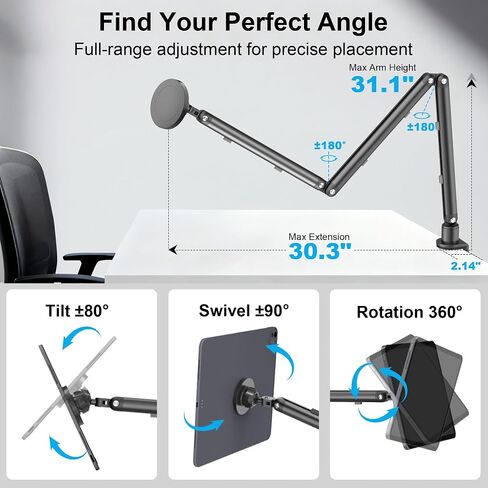 Magnetic iPad Holder for Desk, Adjustable Tablet Stand for Bed with N52 | Strong Magnet, Sturdy Aluminum Tablet Arm Mount Fits 4.7-13.5" iPad Pro/Air/Mini, Kindles, Phones, Kitchen, Work, Video Call in Saudi Arabia