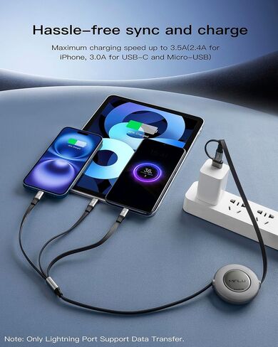 كابل شحن متعدد USB C، شواحن قابلة للسحب لجميع الأجهزة، 2 عبوة 4 أقدام | محول كابل شاحن USBC متعدد 3 في 2 مع منافذ USB A/C إلى Lightning/USB C/Micro USB لهواتف iPhone 17/-X/Samsung/PS/Switch in Kuwait