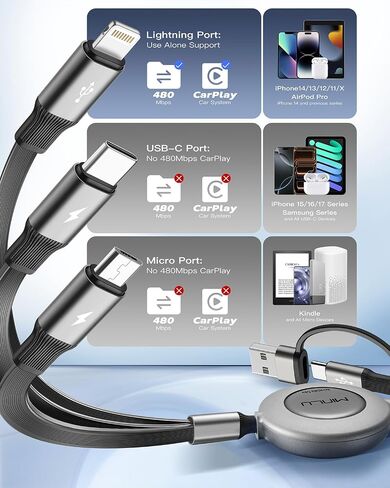 كابل شحن متعدد USB C، شواحن قابلة للسحب لجميع الأجهزة، 2 عبوة 4 أقدام | محول كابل شاحن USBC متعدد 3 في 2 مع منافذ USB A/C إلى Lightning/USB C/Micro USB لهواتف iPhone 17/-X/Samsung/PS/Switch in Kuwait