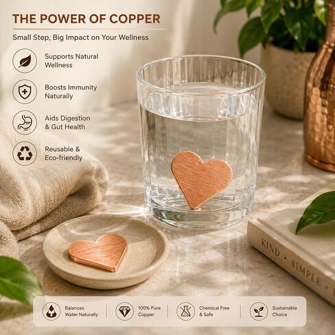 Homestia Pure Copper Heart Water Energizer | Set of 2 Heart for Drinking Watercharger | Ayurvedic CopperHeart Drinking Water Purification & Infusion | Reusable for Glass, Bottle & Jug in Saudi Arabia
