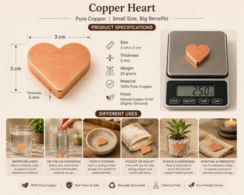 Homestia Pure Copper Heart Water Energizer | Set of 2 Heart for Drinking Watercharger | Ayurvedic CopperHeart Drinking Water Purification & Infusion | Reusable for Glass, Bottle & Jug in Saudi Arabia