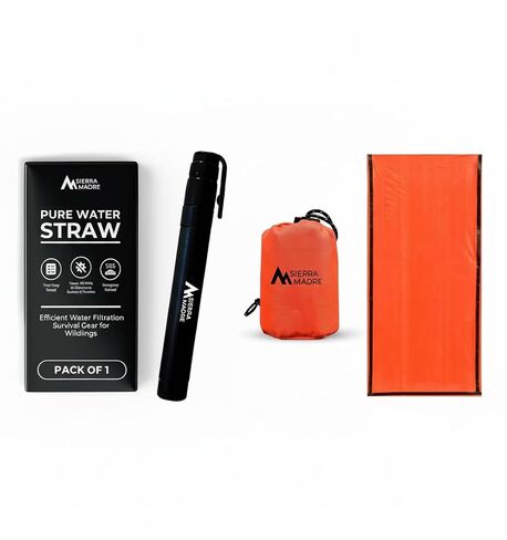 Sierra Madre Survival Bundle – Pure Water Straw with Emergency Mylar Sleeping Bag – Ultralight, Portable Gear for Camping, Hiking & Emergency Preparedness in Saudi Arabia