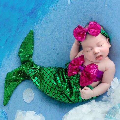 Holibeat Newborn Girl Photography Props Mermaid Baby Photoshoot Outfits Mermaid Tail Photo Props (green-purple) in Saudi Arabia