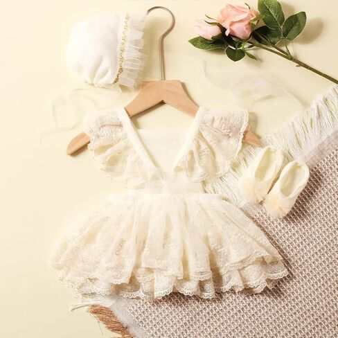 Ylsteed Newborn Photography Props - Lace Romper with Headband, Infant Photo Shoot Outfit for Girls - Dress, Hat, and Shoes Included in Kuwait