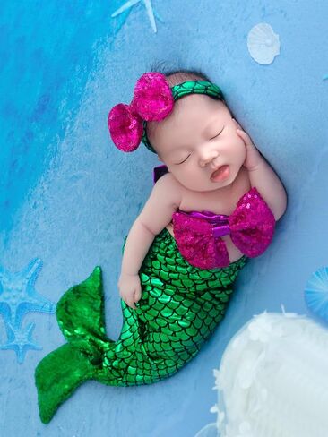 Holibeat Newborn Girl Photography Props Mermaid Baby Photoshoot Outfits Mermaid Tail Photo Props (green-purple) in Saudi Arabia