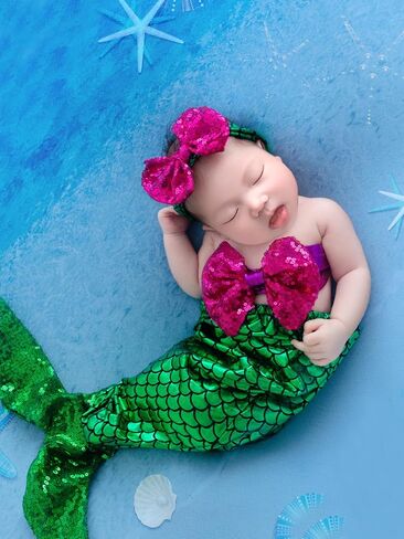 Holibeat Newborn Girl Photography Props Mermaid Baby Photoshoot Outfits Mermaid Tail Photo Props (green-purple) in Saudi Arabia