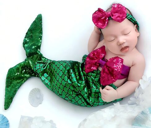 Holibeat Newborn Girl Photography Props Mermaid Baby Photoshoot Outfits Mermaid Tail Photo Props (green-purple) in Saudi Arabia