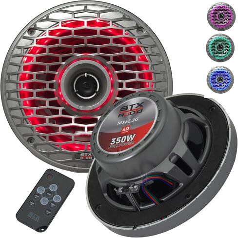 STX Audio MX65.2G 6.5-Inch 2-Way RGB LED Marine Coaxial Speakers, 350W Max, 4 Ohms, Water-Resistant with Remote Control for RGB Illumination (2 Speakers) in Saudi Arabia