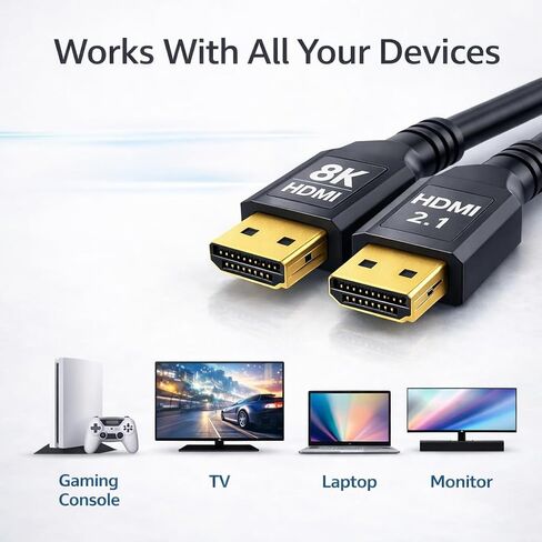 8K HDMI 2.1 Cable - Ultra High Speed 48Gbps - 4k 120Hz - eARC (6.6 FT / 2M) in Saudi Arabia