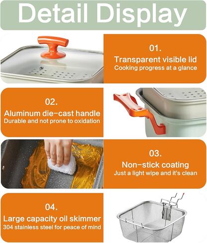 Deep Fryer & Steamer Pot - Nonstick Maifan Stone Coating, Fry, Steam, Sauté & Braise, Easy-Clean, 4.5L/152oz Capacity with Glass Lid, Metal Steamer Rack, and Stainless Steel Fry Basket in Saudi Arabia