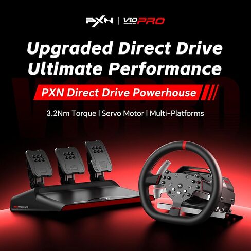عجلة سباق PXN V10 Pro ذات محرك مباشر، ردود فعل قوة 3.2 نيوتن متر | محرك مؤازر، 3 دواسات ذات تأثير هول، 4 مبدلات مجداف، للكمبيوتر الشخصي، وXbox One، وXbox Series X/S، وPS4 in Kuwait
