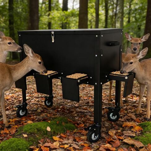 200 LBS Gravity Deer Feeder, Galvanized Steel Deer Feeder, 8 Feeding Ports Wildlife Feeder with Lockable All-Terrain Wheels & Rainproof Cover, Weather Automatic Corn Feeder for Farm, Backyard Outdoor in Kuwait