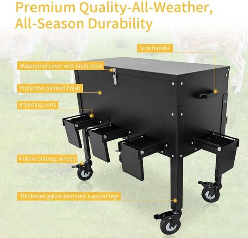 200 LBS Gravity Deer Feeder, Galvanized Steel Deer Feeder, 8 Feeding Ports Wildlife Feeder with Lockable All-Terrain Wheels & Rainproof Cover, Weather Automatic Corn Feeder for Farm, Backyard Outdoor in Kuwait