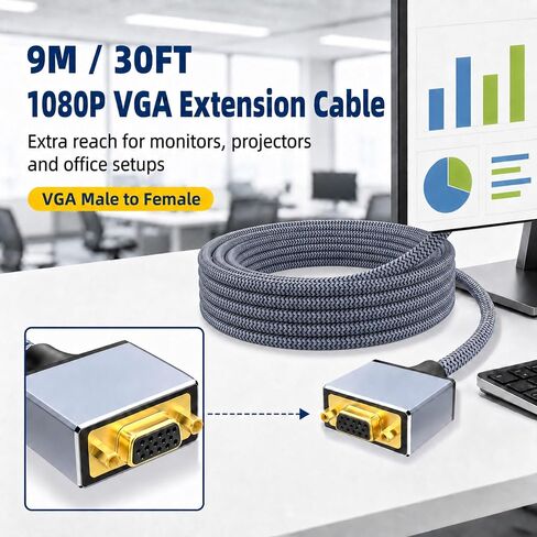 20FT VGA Extension Cable, Male to Female, 1080P, Braided | Braided 20FT VGA extender with reinforced ends and screw-lock 15-pin connectors for stable 1080P office and projector setups in Saudi Arabia
