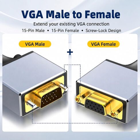 20FT VGA Extension Cable, Male to Female, 1080P, Braided | Braided 20FT VGA extender with reinforced ends and screw-lock 15-pin connectors for stable 1080P office and projector setups in Saudi Arabia