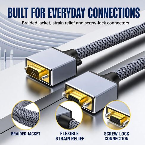 20FT VGA Extension Cable, Male to Female, 1080P, Braided | Braided 20FT VGA extender with reinforced ends and screw-lock 15-pin connectors for stable 1080P office and projector setups in Saudi Arabia