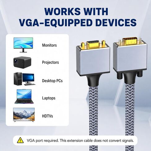 20FT VGA Extension Cable, Male to Female, 1080P, Braided | Braided 20FT VGA extender with reinforced ends and screw-lock 15-pin connectors for stable 1080P office and projector setups in Saudi Arabia