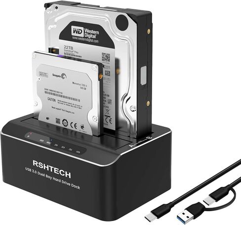RSHTECH USB-C/USB 3.0 to SATA Dual Bay Hard Drive Docking Station Aluminum | External Hard Drive Dock Reader for 2.5/3.5 inch HDD SSD, with USB-C/A Cable, Support Offline Clone, UASP, 2x22TB, RSH-DS01C in Saudi Arabia