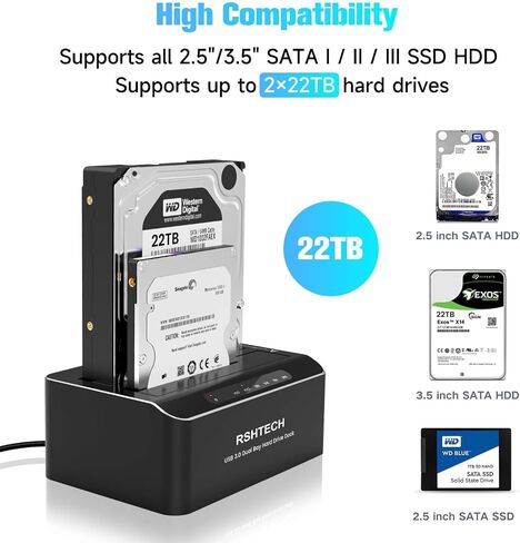 RSHTECH USB-C/USB 3.0 to SATA Dual Bay Hard Drive Docking Station Aluminum | External Hard Drive Dock Reader for 2.5/3.5 inch HDD SSD, with USB-C/A Cable, Support Offline Clone, UASP, 2x22TB, RSH-DS01C in Saudi Arabia