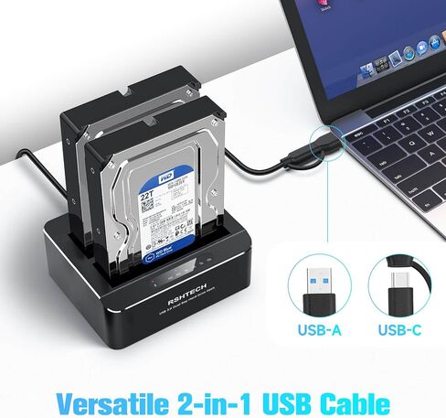 RSHTECH USB-C/USB 3.0 to SATA Dual Bay Hard Drive Docking Station Aluminum | External Hard Drive Dock Reader for 2.5/3.5 inch HDD SSD, with USB-C/A Cable, Support Offline Clone, UASP, 2x22TB, RSH-DS01C in Saudi Arabia