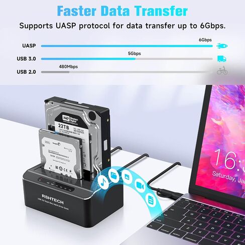RSHTECH USB-C/USB 3.0 to SATA Dual Bay Hard Drive Docking Station Aluminum | External Hard Drive Dock Reader for 2.5/3.5 inch HDD SSD, with USB-C/A Cable, Support Offline Clone, UASP, 2x22TB, RSH-DS01C in Saudi Arabia