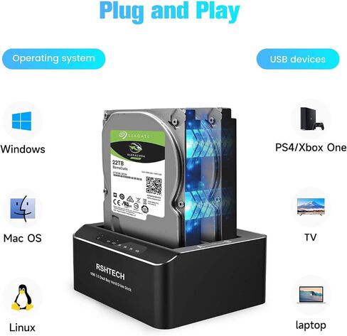 RSHTECH USB-C/USB 3.0 to SATA Dual Bay Hard Drive Docking Station Aluminum | External Hard Drive Dock Reader for 2.5/3.5 inch HDD SSD, with USB-C/A Cable, Support Offline Clone, UASP, 2x22TB, RSH-DS01C in Saudi Arabia