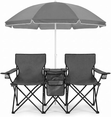 Folding Double Camping Chair with Umbrella Portable Picnic Chair | Loveseat Camping Chair for Outdoor, with 2 Cup Holders & Cooler Bag, with Side Pocket & Carry Bag, 61"L x 22"W x 70"H, Grey in Saudi Arabia
