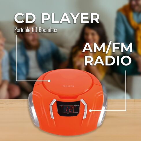 Portable CD Player Boombox with AM/FM Radio + Built in Speakers + Aux Input to Phone/Headphones/Any Audio - CD Players for Home Using AC Adapter or C Batteries (Orange) in Saudi Arabia