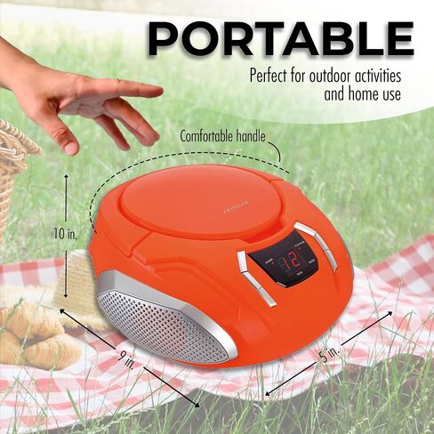 Portable CD Player Boombox with AM/FM Radio + Built in Speakers + Aux Input to Phone/Headphones/Any Audio - CD Players for Home Using AC Adapter or C Batteries (Orange) in Saudi Arabia