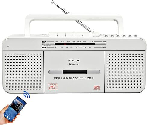 Cassette Player Boombox, Portable AM/FM Radio Stereo with Bluetooth, USB, Dual Big Speaker, Earphone Jack, Record to Cassettes/USB via Mic,Cassette to MP3 Converter,AC/DC Powered in Saudi Arabia