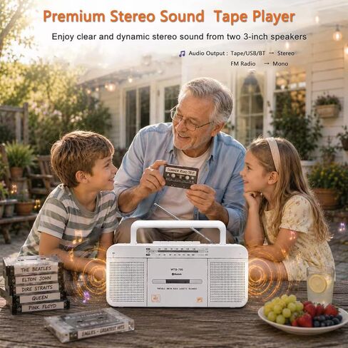 Cassette Player Boombox, Portable AM/FM Radio Stereo with Bluetooth, USB, Dual Big Speaker, Earphone Jack, Record to Cassettes/USB via Mic,Cassette to MP3 Converter,AC/DC Powered in Saudi Arabia