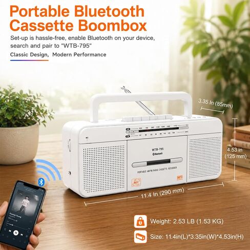Cassette Player Boombox, Portable AM/FM Radio Stereo with Bluetooth, USB, Dual Big Speaker, Earphone Jack, Record to Cassettes/USB via Mic,Cassette to MP3 Converter,AC/DC Powered in Saudi Arabia