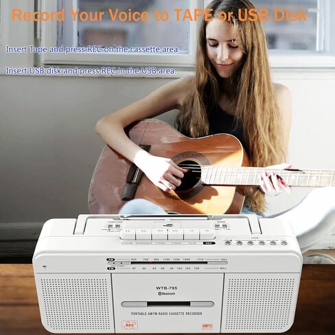 Cassette Player Boombox, Portable AM/FM Radio Stereo with Bluetooth, USB, Dual Big Speaker, Earphone Jack, Record to Cassettes/USB via Mic,Cassette to MP3 Converter,AC/DC Powered in Saudi Arabia