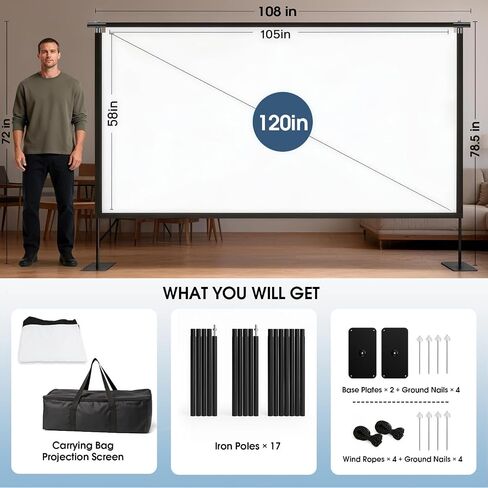 Projector Screen with Stand, 120 Inch Indoor Outdoor Portable Projection kit All-Metal Frame Wrinkle-Free 16:9 4K HD Front/Rear Movie Screen with Carry Bag for Home Theater Backyard Movie Night in Saudi Arabia