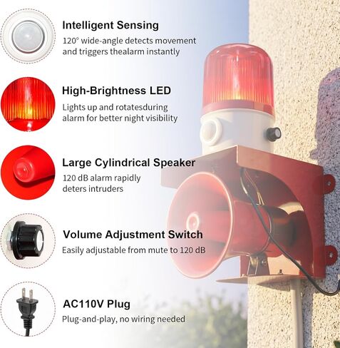 120dB Adjustable Motion Sensor Alarm with 3–6 m Human Detection | 120° Detection Angle LED Strobe Lights Alarm for Protect House, Garage, Outdoor Property, IP65 Waterproof, AC110V with Plug in Saudi Arabia