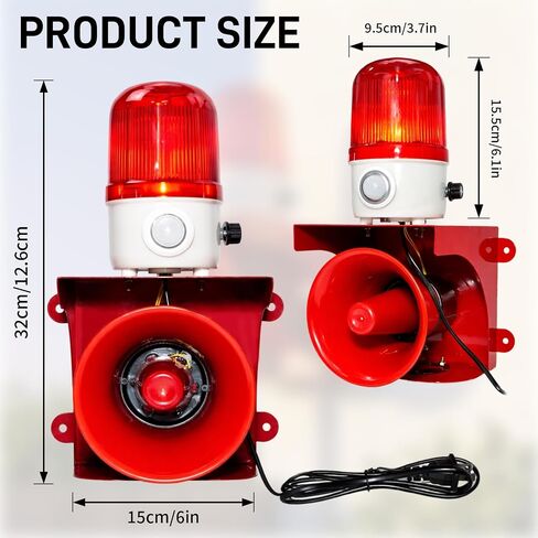 120dB Adjustable Motion Sensor Alarm with 3–6 m Human Detection | 120° Detection Angle LED Strobe Lights Alarm for Protect House, Garage, Outdoor Property, IP65 Waterproof, AC110V with Plug in Saudi Arabia