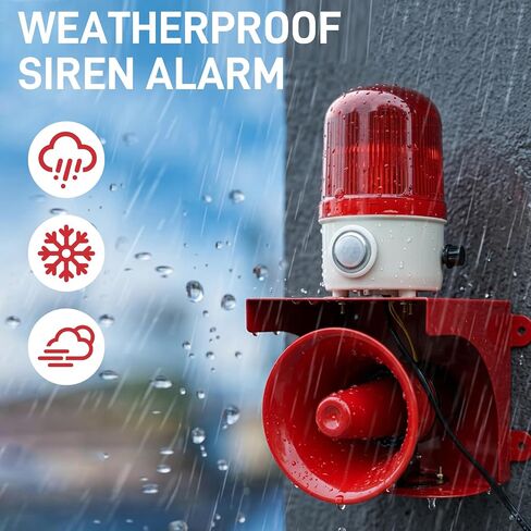 120dB Adjustable Motion Sensor Alarm with 3–6 m Human Detection | 120° Detection Angle LED Strobe Lights Alarm for Protect House, Garage, Outdoor Property, IP65 Waterproof, AC110V with Plug in Saudi Arabia