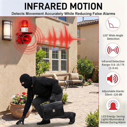 120dB Adjustable Motion Sensor Alarm with 3–6 m Human Detection | 120° Detection Angle LED Strobe Lights Alarm for Protect House, Garage, Outdoor Property, IP65 Waterproof, AC110V with Plug in Saudi Arabia