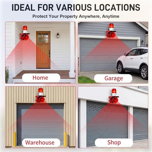 120dB Adjustable Motion Sensor Alarm with 3–6 m Human Detection | 120° Detection Angle LED Strobe Lights Alarm for Protect House, Garage, Outdoor Property, IP65 Waterproof, AC110V with Plug in Saudi Arabia