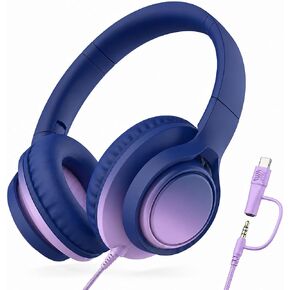 Kids Wired Headphones, 85/94dB, Mic, USB-C Adapter, Sky Blue | 85/94dB volume control, foldable over-ear design, built-in mic, 3.5mm jack, and USB-C adapter for school and travel. in Saudi Arabia