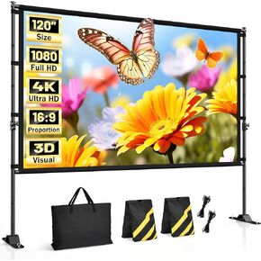 120 inch Outdoor Projector Screen with Stand, Portable Projector Screen Outdoor with Sand Bag, 16:9 4K HD Movie Screen with Carry Bag for Backyard, Camping, Theater in Kuwait