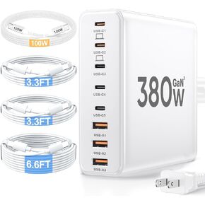 كتلة شاحن USB C بقدرة 380 وات مع 4 كابلات USB ومحطة شحن مزدوجة 100 وات | محطة شحن USB C ذات 8 منافذ، شاحن كمبيوتر محمول من النوع C، كتلة شحن سريعة لجهاز MacBook Pro in Kuwait