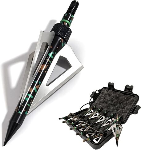 12pcs Archery Broadheads 3 Fixed Steel Blade 100/125 Grain Hunting Arrowheads Fit for Compound Bow and Crossbow with One Black Plastic Portable Broadheads Case in Saudi Arabia