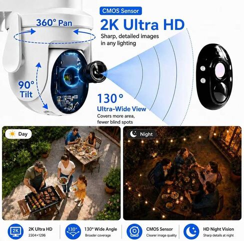 2K Solar Security Wireless Camera Outdoor, 2 Pack 2.4Ghz | WiFi Battery Camera, 355° View Pan/Tilt, PIR Alarm, 2-Way Audio, Color Night Vision, IP65 Waterproof, Cloud & SD Storage in Saudi Arabia